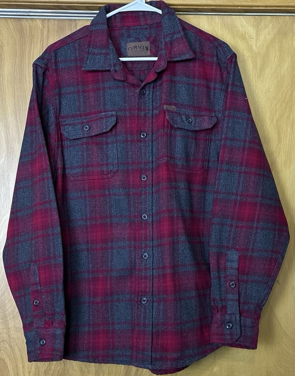Orvis Sz M Hvywght Ctn Red Black LS Pockets Button Up Shirt